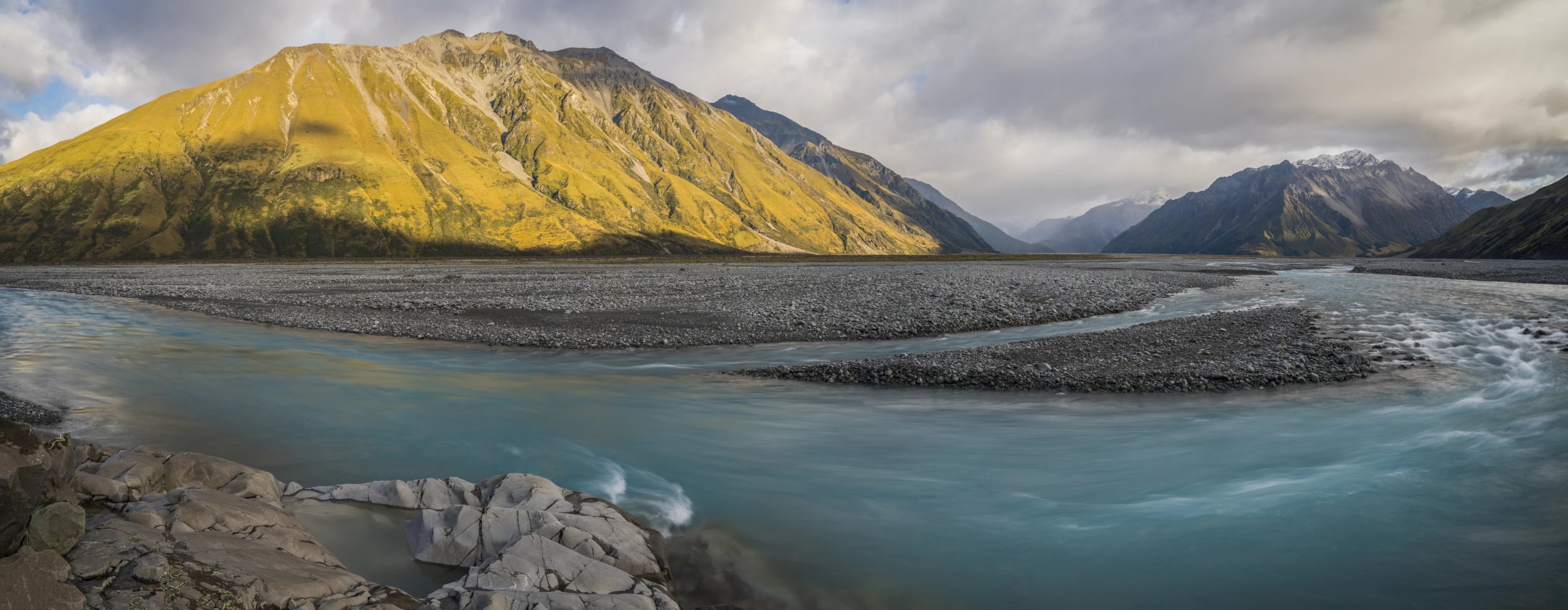 Panoramic view of braided river in New Zealand